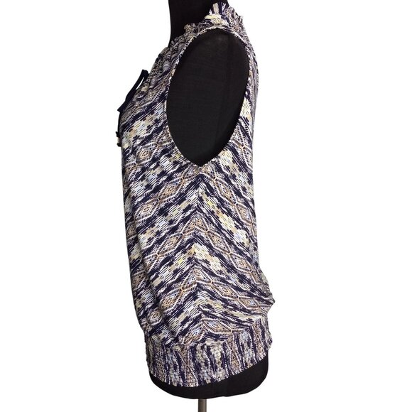 WHBM Size S Blouse Top Womens Sleeveless Ruffle Neck Tie Abstract Printed Design - Picture 2 of 10